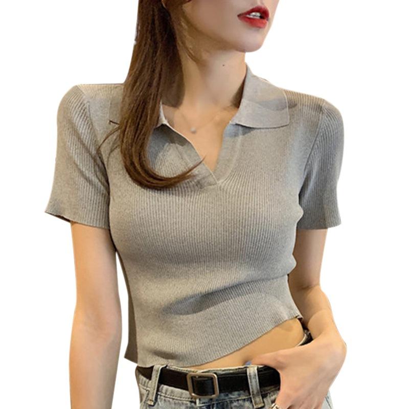 Summer V-neck Short-sleeved Knitted Sweater Women's Korean Version Slim Fit and Thin All-match French Girl Retro Hong Kong Style Short Top