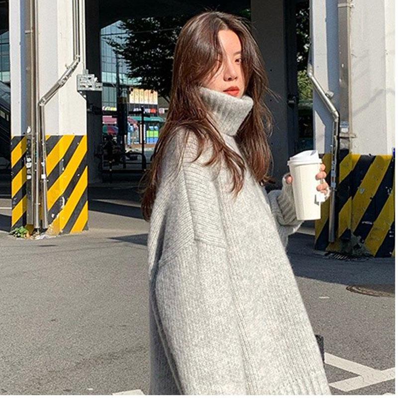 Solid Color Turtleneck Sweater for Female Students Korean Style Loose Lazy Chic Knit