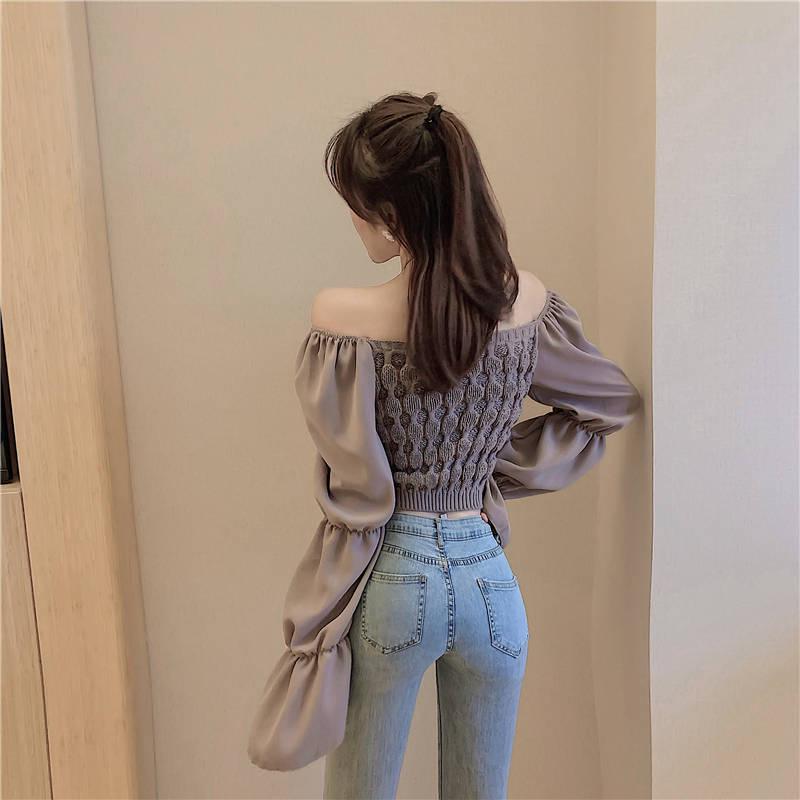 Pofulove Sexy Strapless Pullover Long-Sleeve Short Sweater Women Open Navel Slim Waist Knitwear