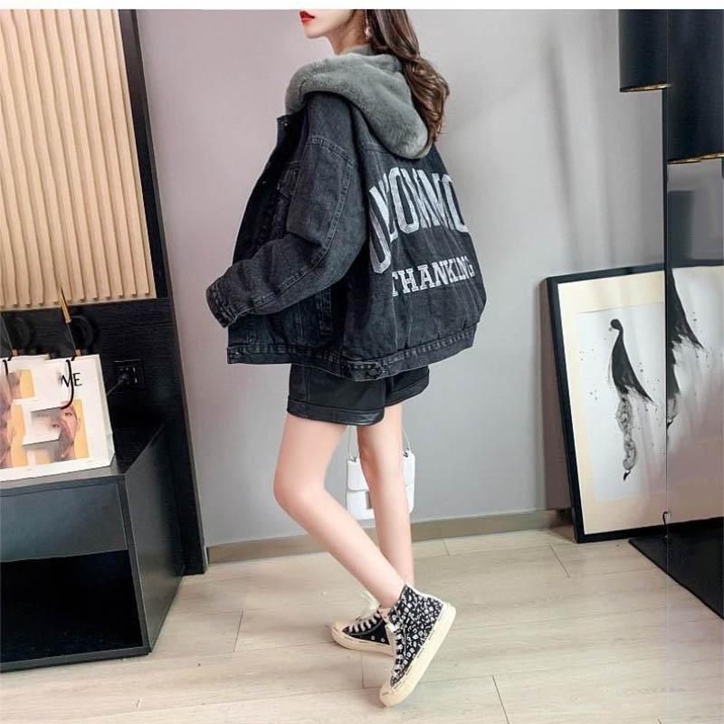 Loose Plus Fleece Denim Jacket Women Autumn and Winter Thick Hooded All-match Casual Cardigan