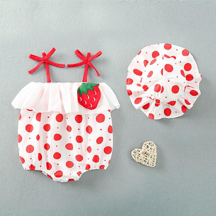 Newborn Infant Baby Girls Clothes Straps Strawberry Print Romper Sunsuit Hat Bodysuit Romper Baby Babykleding