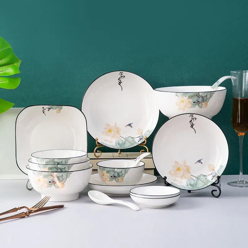 Household Deepened Dish Plate Ceramic Dish Rice Plate Soup Plate Dish Set Creative Chinese Meal Plate Two Person Tableware Set