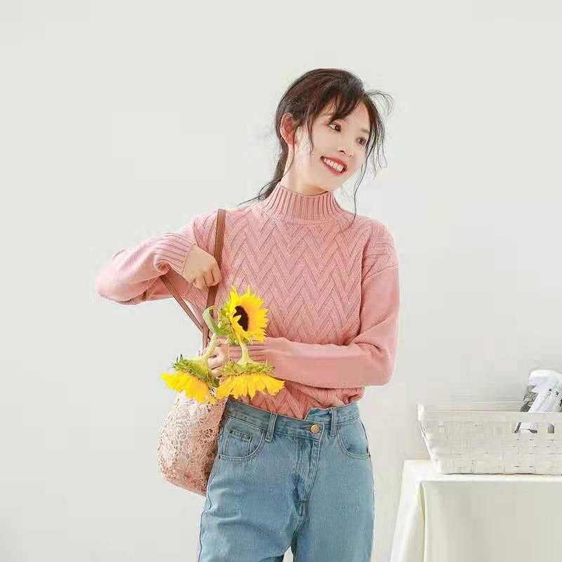 Pofulove 3 Colors Women Sweet Warm Pullover O-Neck Loose Knitted Blouse Solid Color Girly Sweaters