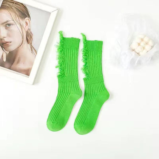 Fall/winter Socks Women's Ripped Pure Cotton Socks High Tube Tailoring Pile Socks Solid Color Knitted Socks