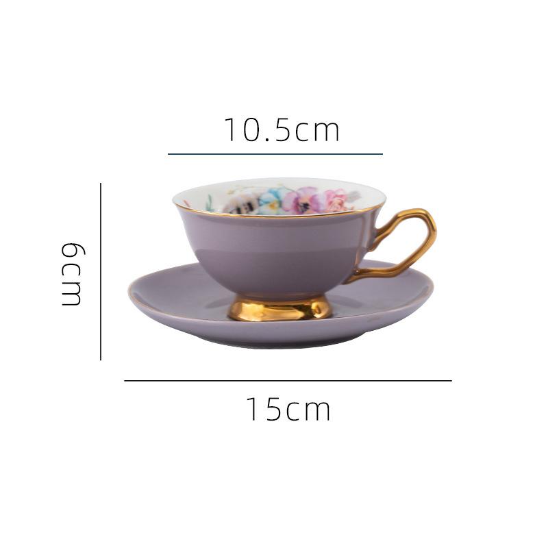 French Retro Flower Golden Edge Ceramic Two Pieces Coffee Cup Flower Tea Cup Water Cup Milk Cup