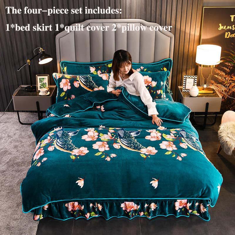 Warm Printing Four-piece Double-sided Fleece Bed Skirt Quilt Cover Pillowcase Set Bedding