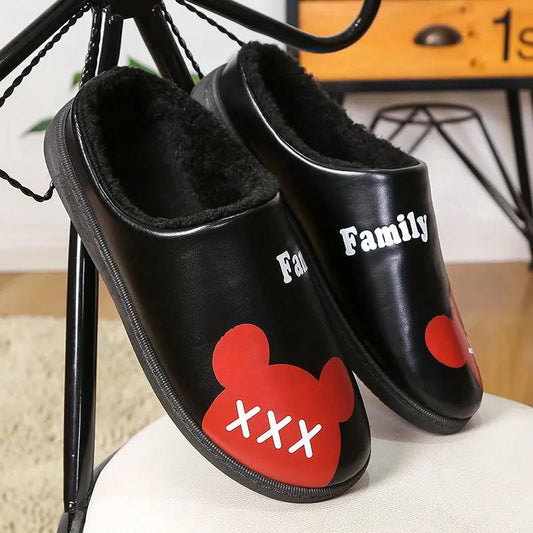 Winter Ladies Leather Warm Slippers Plus Velvet Thickening Plus Cotton Non-slip Wear-resistant Waterproof Cotton Slippers