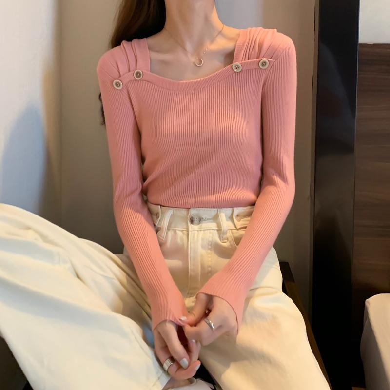 Women Winter Sweater White Pink Purple Square Collar Long Sleeve Slim Pullovers Korean Fashion Knitted Jumper Fall Casual Solid Women Girl Knitwear