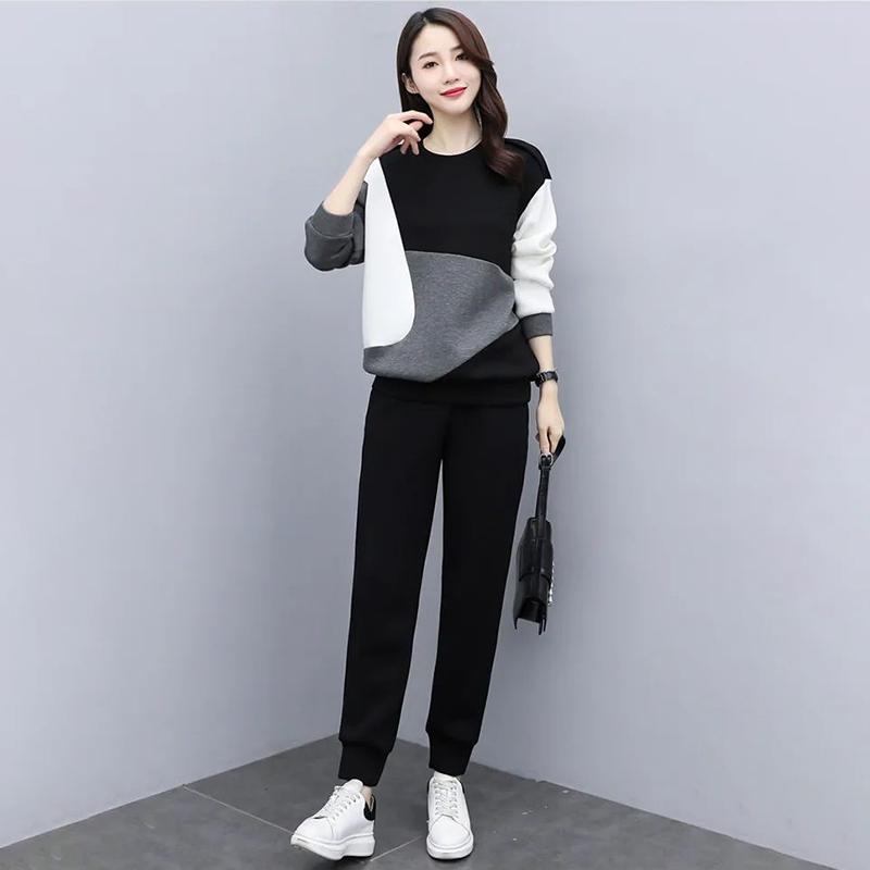 Women's Suits Are Loose Thin and Age-reducing Casual Two-piece Round Neck Long-sleeved Shirt + Casual Pants Warm and Comfortable