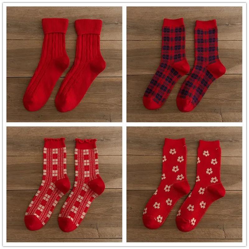 Winter Ladies Red Socks In Tube Warm Cotton Printed Socks Christmas Socks Gifts