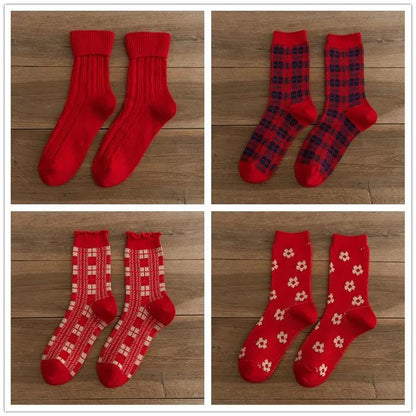 Winter Ladies Red Socks In Tube Warm Cotton Printed Socks Christmas Socks Gifts
