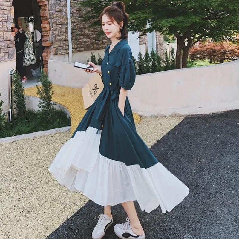 Mid-calf S-XL T-shirt Dress with Belt Loose Turn-down Collar Casual Irregular Ruffle Hem Dress