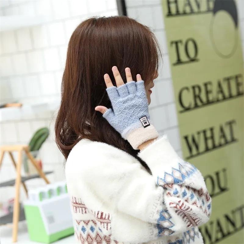 Women's Half-finger Gloves Thick Warm Five-finger Mittens Winter Korean Style Knitting Gloves Soft Thermal Gloves Crochet Hand Wrist Warmer