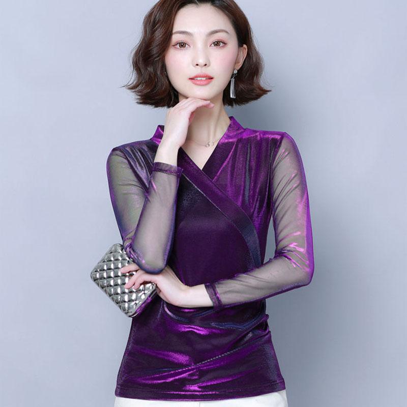 Women's Spring Autumn Long Sleeve Top V-Neck Slim Fit Mesh Bottoming Shirt