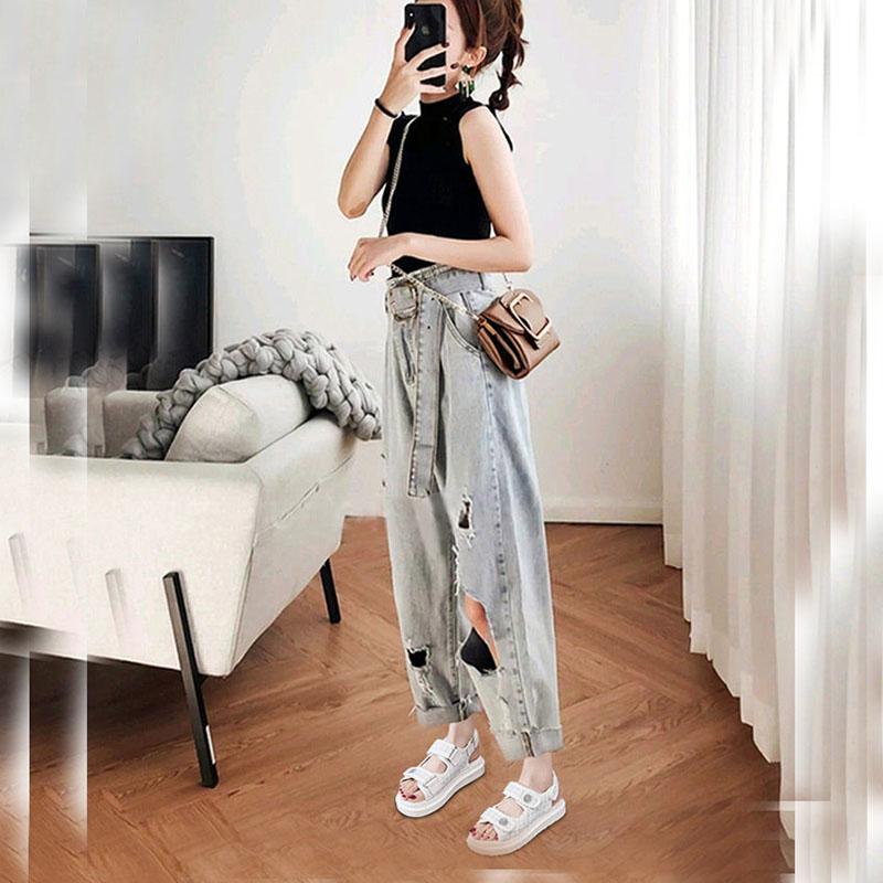 Summer Thick-soled Sandals Women's Outer Wear Flat Denim Velcro Sports Sandals