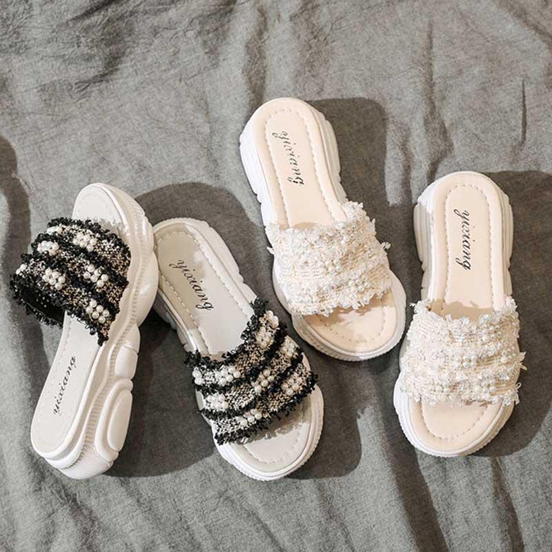 35-40 Summer Women All-match Shiny Slippers Outdoor Pearl High Heels Sandals Bohemian Beach Wear-resistant Non-slip Slippers Wedge Platform Sandals