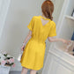Pofulove M-4XL Women Simple O-neck Bow Yellow Dress Plus Size Slim Short-sleeved Short A-line Dress