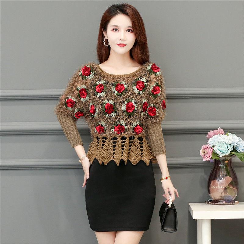 Fall/winter Women Crocheted Knit Jumper Short Pullover Batwing Sweater  Round Neck Mohair Sweater Outwear