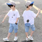Boys' Summer Suits Solid Color Printing Loose and Breathable Casual Short-sleeved Five-point Jeans Children's Handsome Two-piece Suit