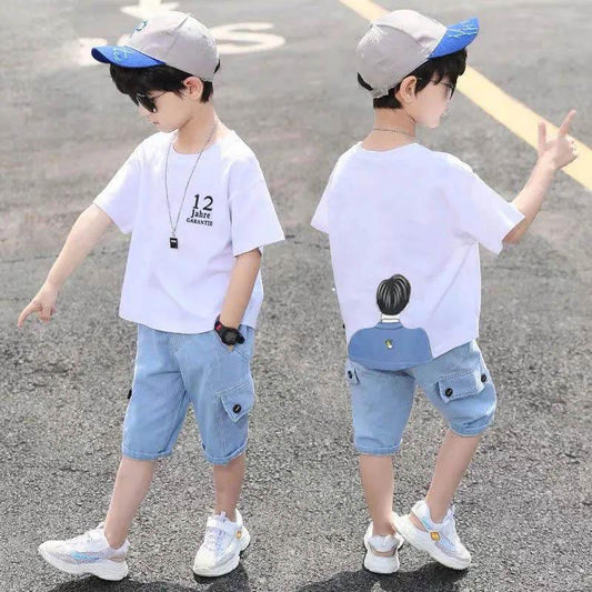 Boys' Summer Suits Solid Color Printing Loose and Breathable Casual Short-sleeved Five-point Jeans Children's Handsome Two-piece Suit