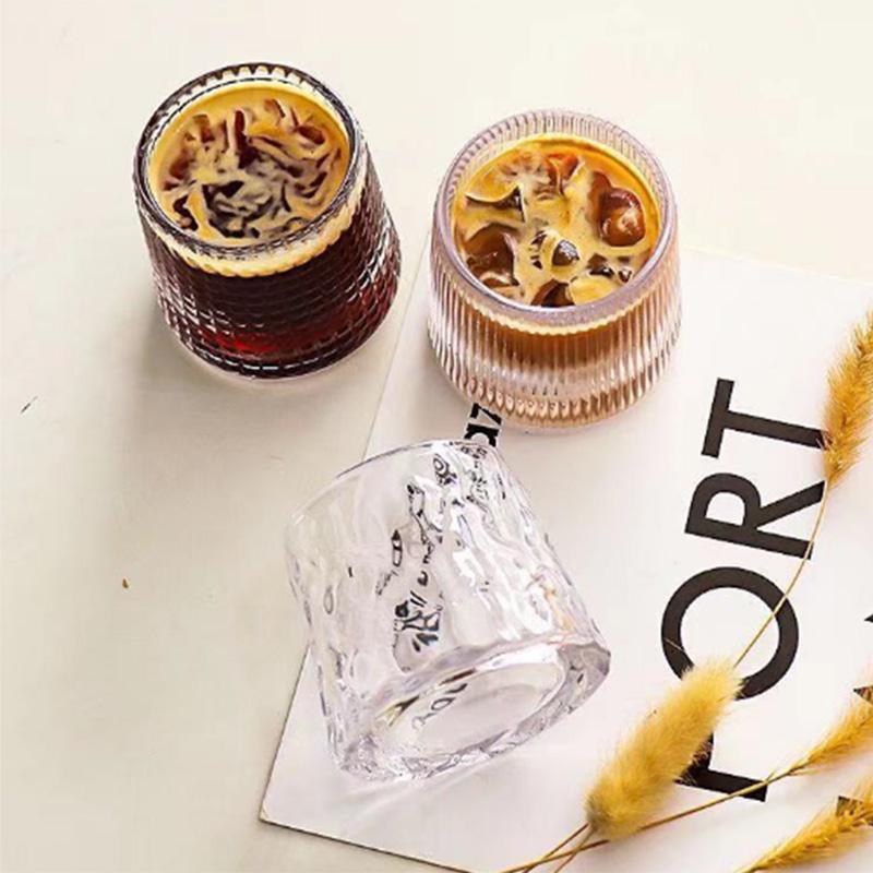 Ins Glass Retro Embossed Latte Cup Iced Coffee Cup Large Capacity Drink Cup Tumbler Cocktail Ice Hockey Cup