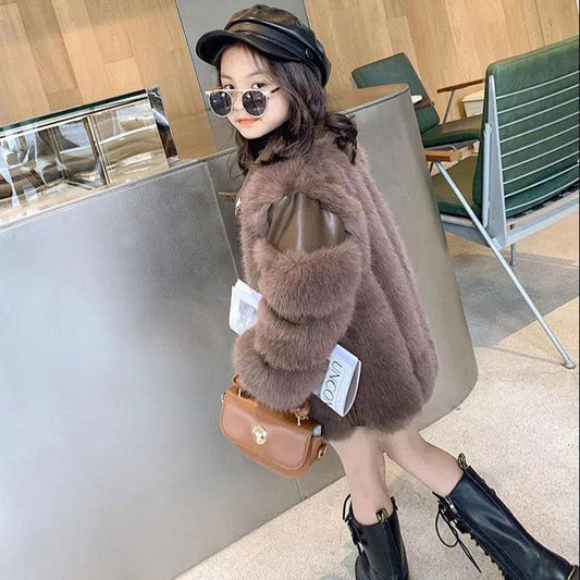 Girls Winter Faux Fur Coat Korean Style Warm and Windproof Jacket