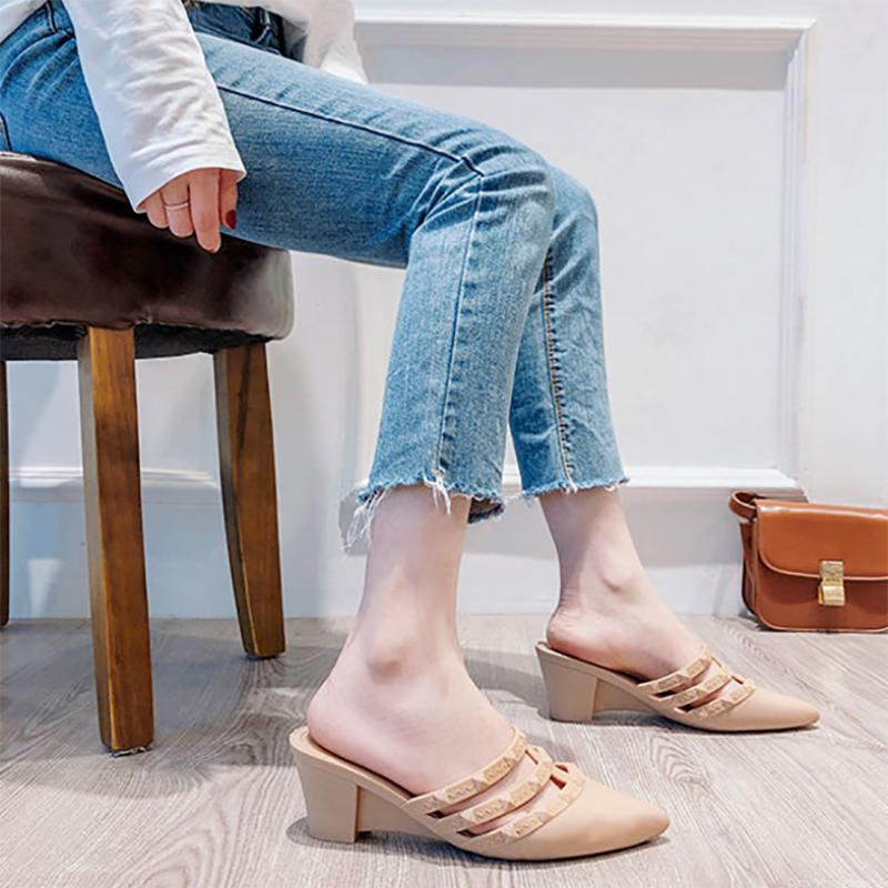Summer Lazy Casual Fashion Thick Heel Sandals and Slippers Female Pointed Toe Korean Style Slope with Social Wear