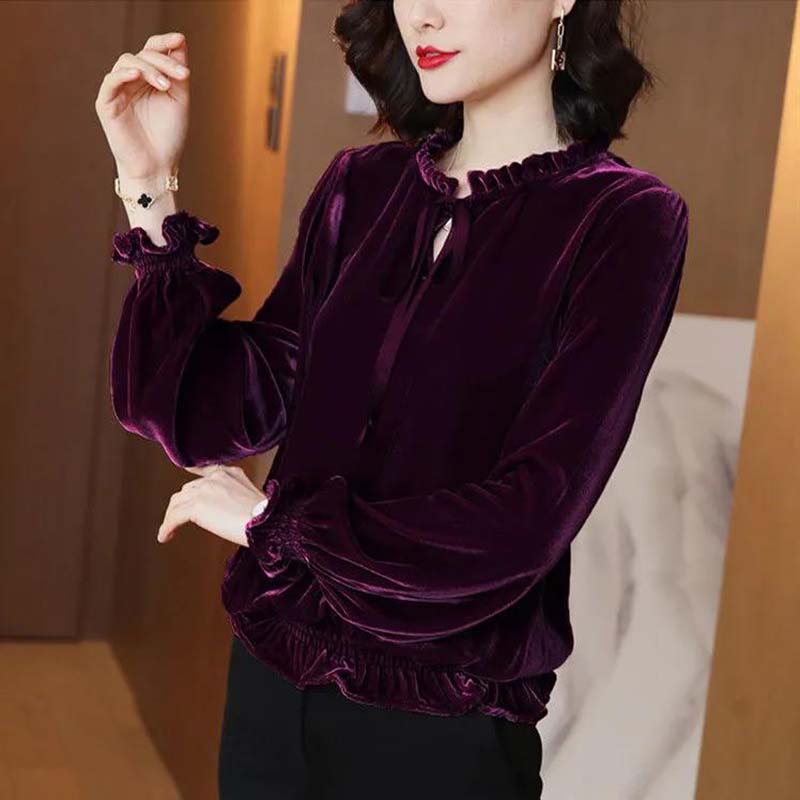 Long Sleeve Velvet Shirt Women's Spring and Autumn Loose Solid Color Bottoming Shirt Top
