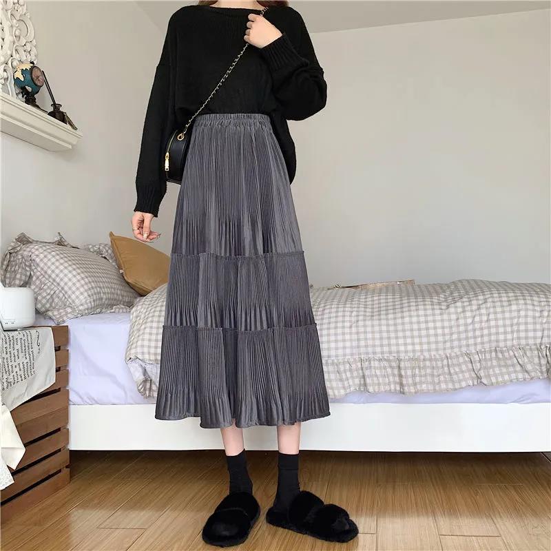 High Waist Gold Velvet Pleated Skirt Mid-length Long Skirt Solid Color All-match Skirt Autumn and Winter Female A-line Skirt