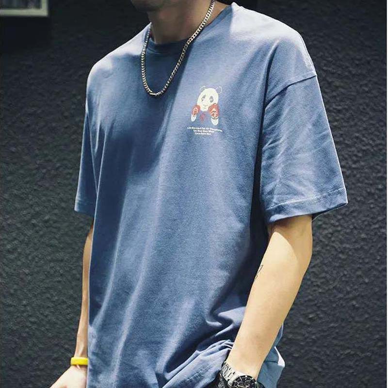 Summer Black Cotton Short-sleeved T-shirt Male Loose Half-sleeved Large Size Wild Panda Print Top