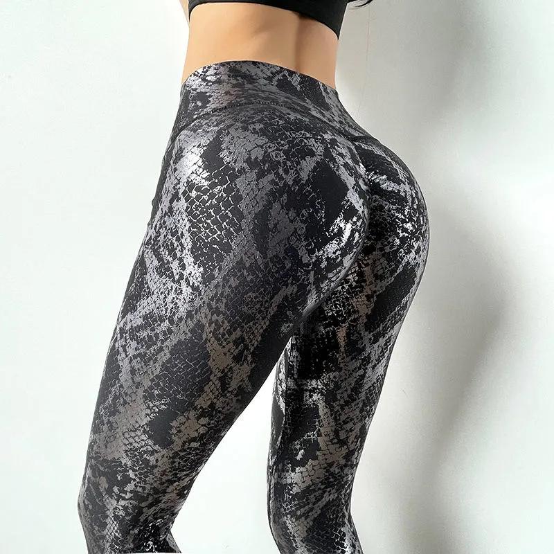 Peach Snake Skin Pattern Fitness Pants Yoga Pants High Waist Buttocks Quick-drying Sports Pants High Leggings Outer Wear Yoga Bodybuilding Trousers