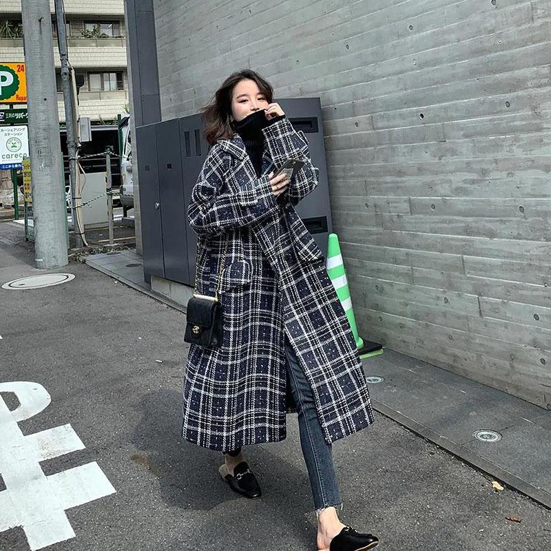 Autumn and Winter Woolen Coat Retro Plaid Mid-length Woolen Coat Thickened Plus Cotton Over-the-knee Plus Size Woolen Coat