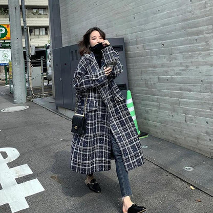 Autumn and Winter Woolen Coat Retro Plaid Mid-length Woolen Coat Thickened Plus Cotton Over-the-knee Plus Size Woolen Coat