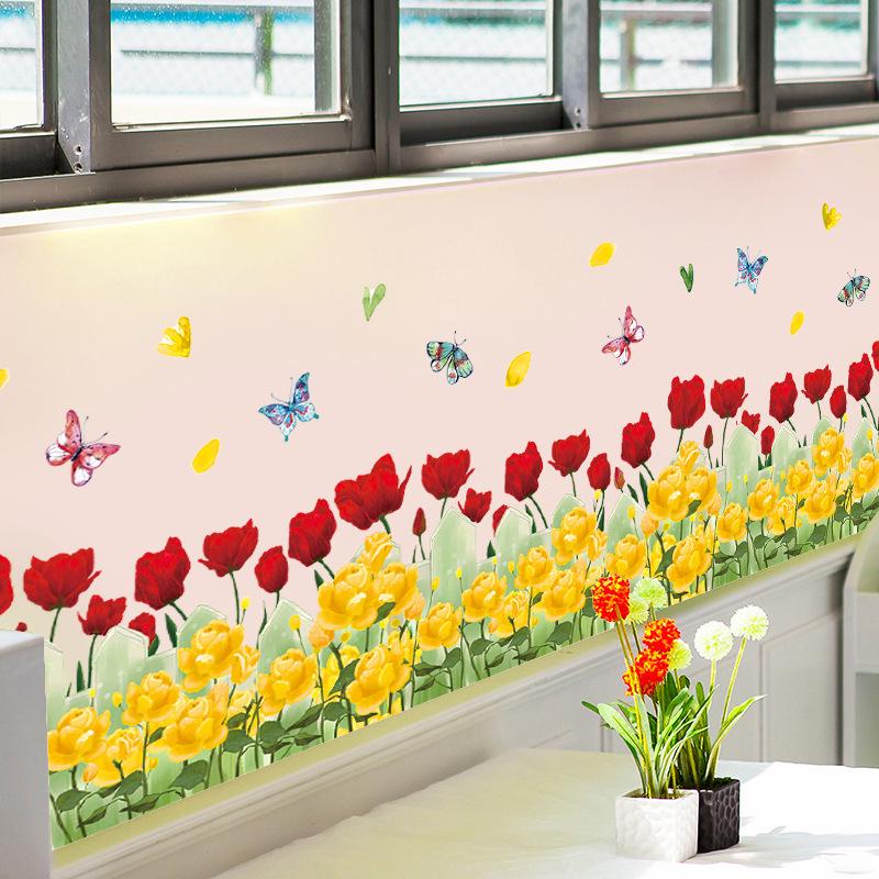 Watercolor Rose Flower Baseboard Wall Sticker Bedroom Living Room TV Sofa Background Decoration