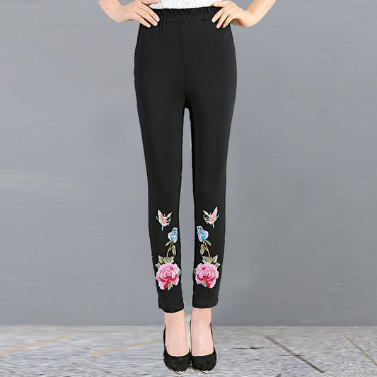 High-waist Leggings Women's Outer Wear Stretch Pants Plus Size Pants Ethnic Style Embroidery Slim-fitting Pants