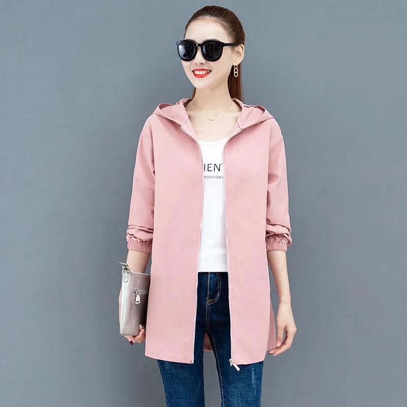 Women UV Protection Windbreaker Solid Color Hooded Jacket Casual Coat Boutique Soft Parka Mid Length