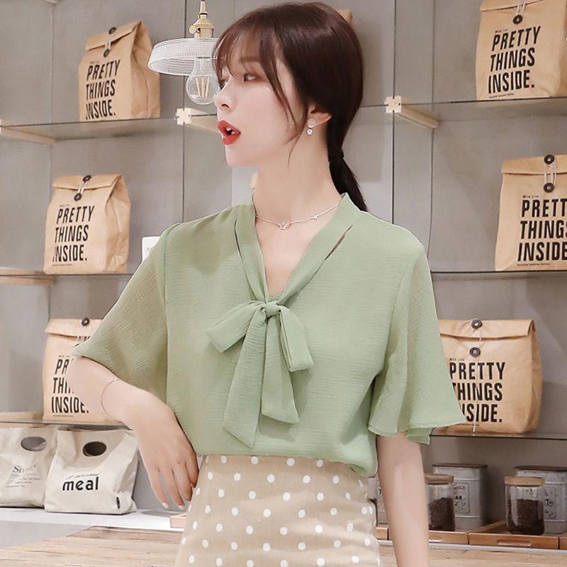 Chiffon Shirt Ruffled Short-sleeved Short-sleeved Women's Loose Plus Size Blouse Elegant and Sweet Cute Chiffon Fabric Light and Breathable