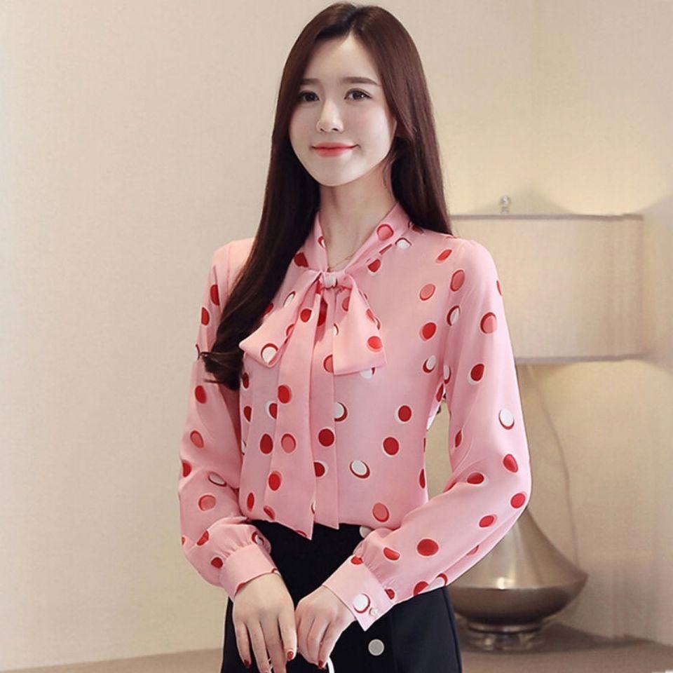 Korean Women's Long-sleeved Chiffon Shirt Lace-up Bow Women Blouse Lady Long Shirt Plus Size Casual Women Chiffon Blouse Puff Sleeve Blouse