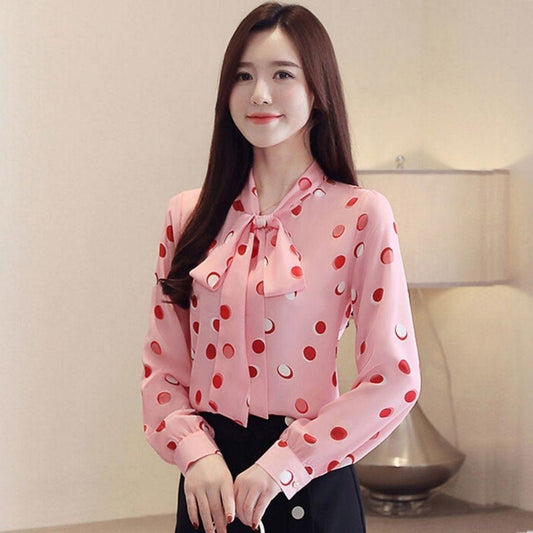 Korean Women's Long-sleeved Chiffon Shirt Lace-up Bow Women Blouse Lady Long Shirt Plus Size Casual Women Chiffon Blouse Puff Sleeve Blouse