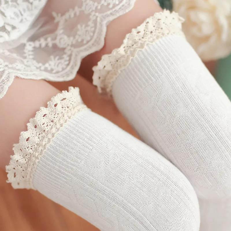 Slim Lace Lace Knee Sock  Female College Vesicle Flower Vertical Bowl Socks High Stockings  Leg Warmers
