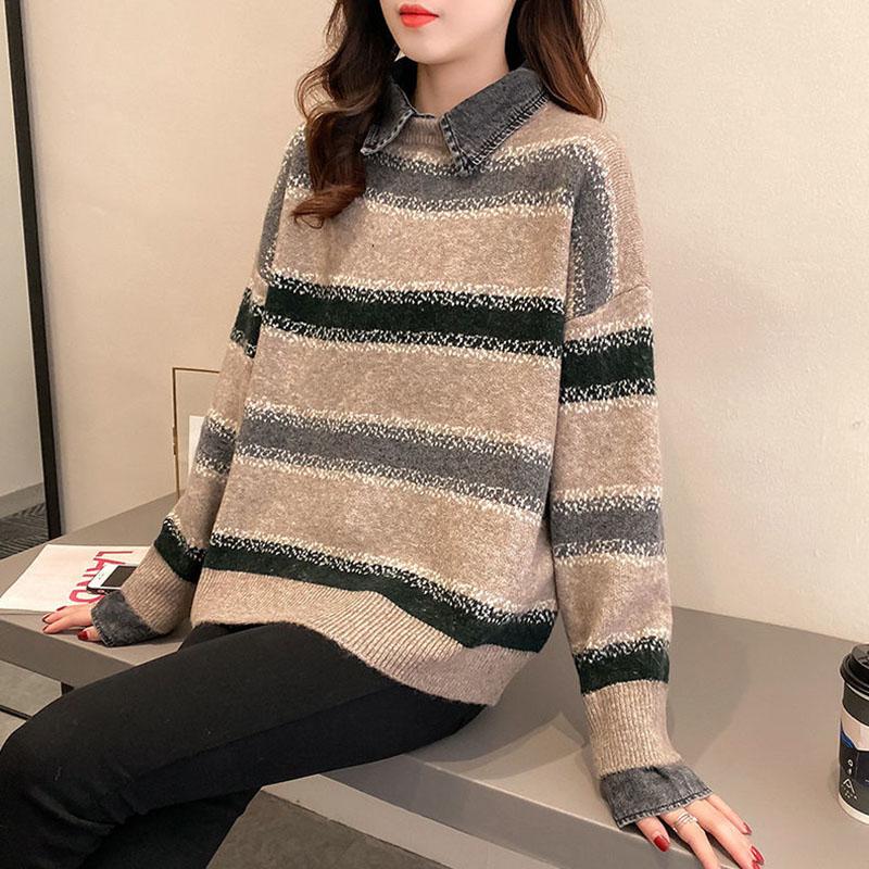 Fake Two Piece Stitching Shirt Denim Collar Sweater Women Autumn and Winter Korean Loose Fashion All-match Blouse Women