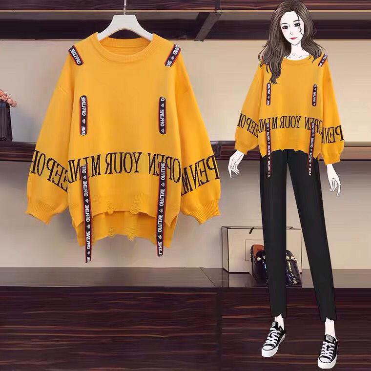 Personalized Round Neck Sweater Women Loose Letter Printing Irregular Split Hem Pullover Sweater Outer Wear