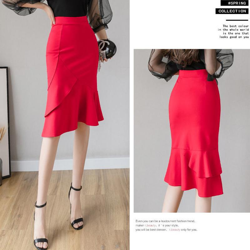 Ladies Mermaid Skirt High Waist High Elasticity Ruffle Mid-length Pack Hip Skirt Solid Color