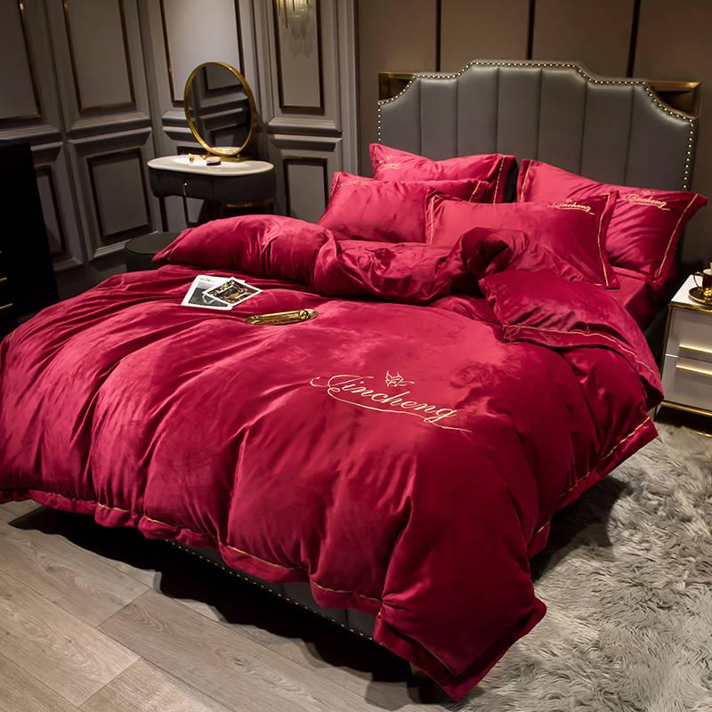 4pcs Bedding Set Pure Color Cotton Bed Sheet Warm Flannel Quilt Cover Pillowcase Bedding Sets