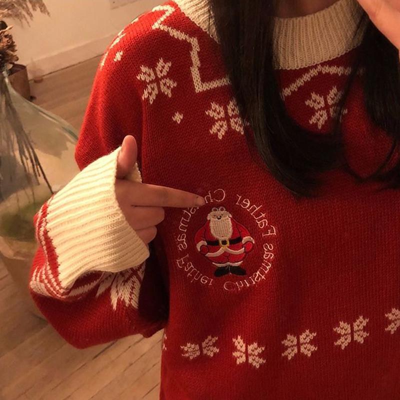 Autumn  Winter Women's Loose Santa Claus Snowflake Long-sleeved Pullover Loose Bottoming Sweater Knited  Top