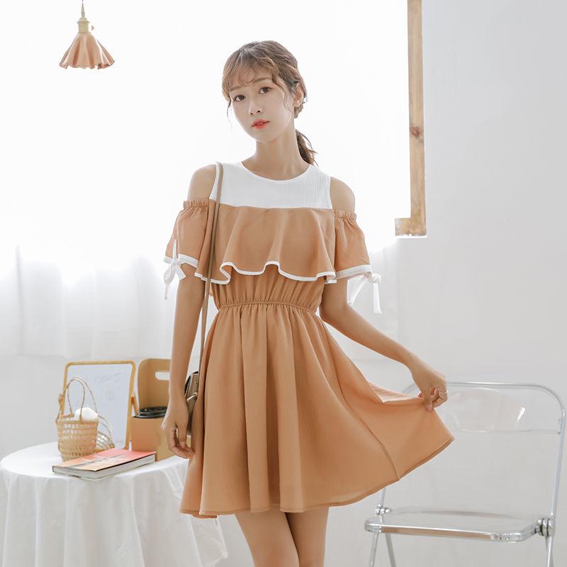 Ladies Off-shoulder Loose Mid-length Dress A-line Version Dress with Waist Slimming Ruffled Sweet and Cute Ladies Off-shoulder Dress