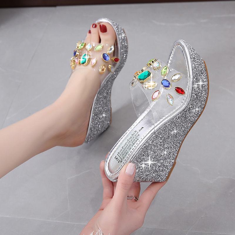 Slippers Women's Wedge Heel High-heeled Sandals  Slippers Women's Summer Super High-heeled Rhinestone Sequins Transparent Platform Slippers
