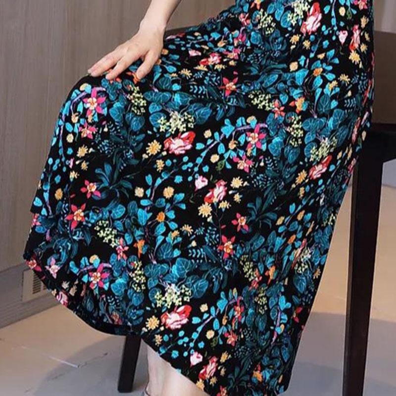 Women's Plus Size Loose Long Printed Dress Slim Round Neck A-line Skirt