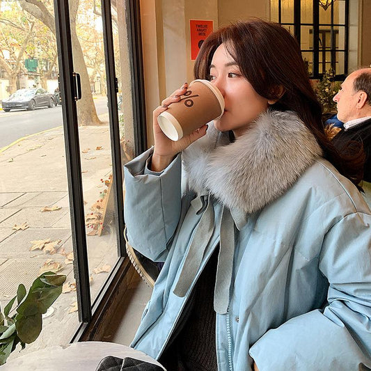 Down Jacket Female Korean Big Fur Collar Mid-length White Duck Down Red Loose Cloak Jacket Tide