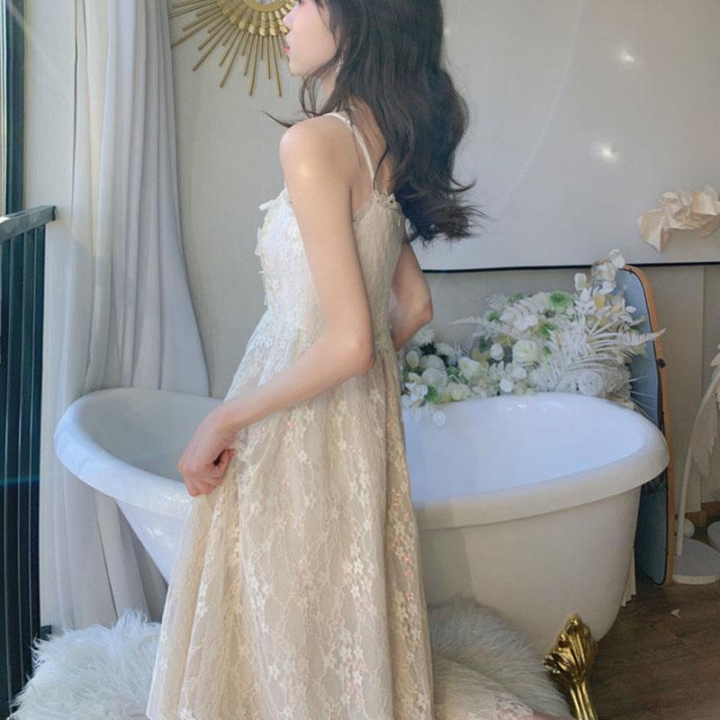 Summer Glitter First Love Long Skirt Female French Mid-length Lace Suspender Dress Little Fairy Temperament
